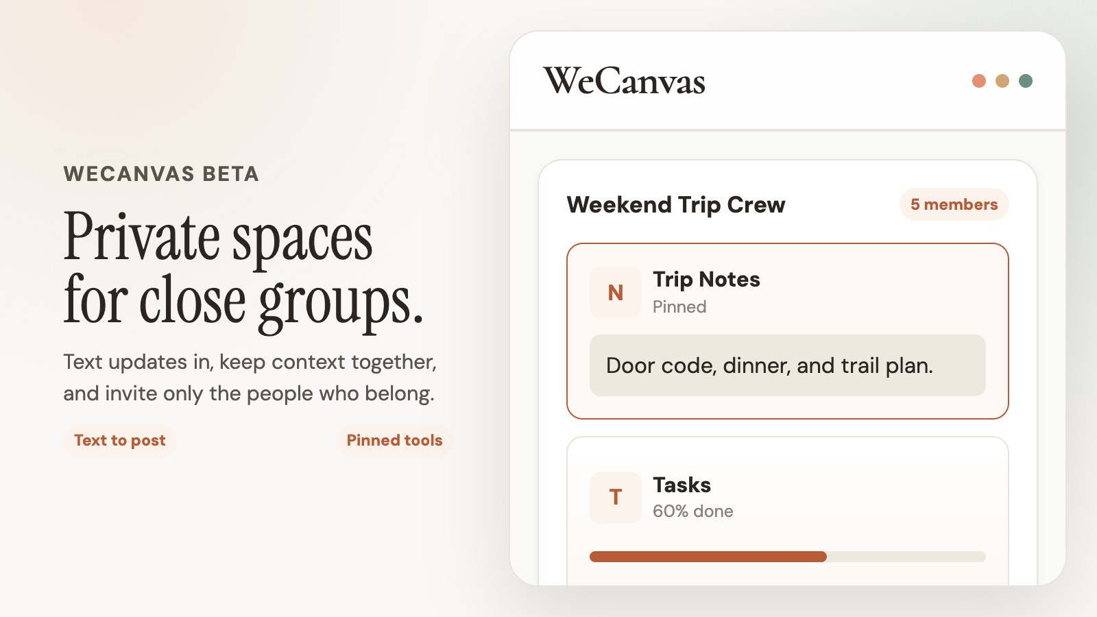 WeCanvas beta product preview showing a private shared space and pinned tools