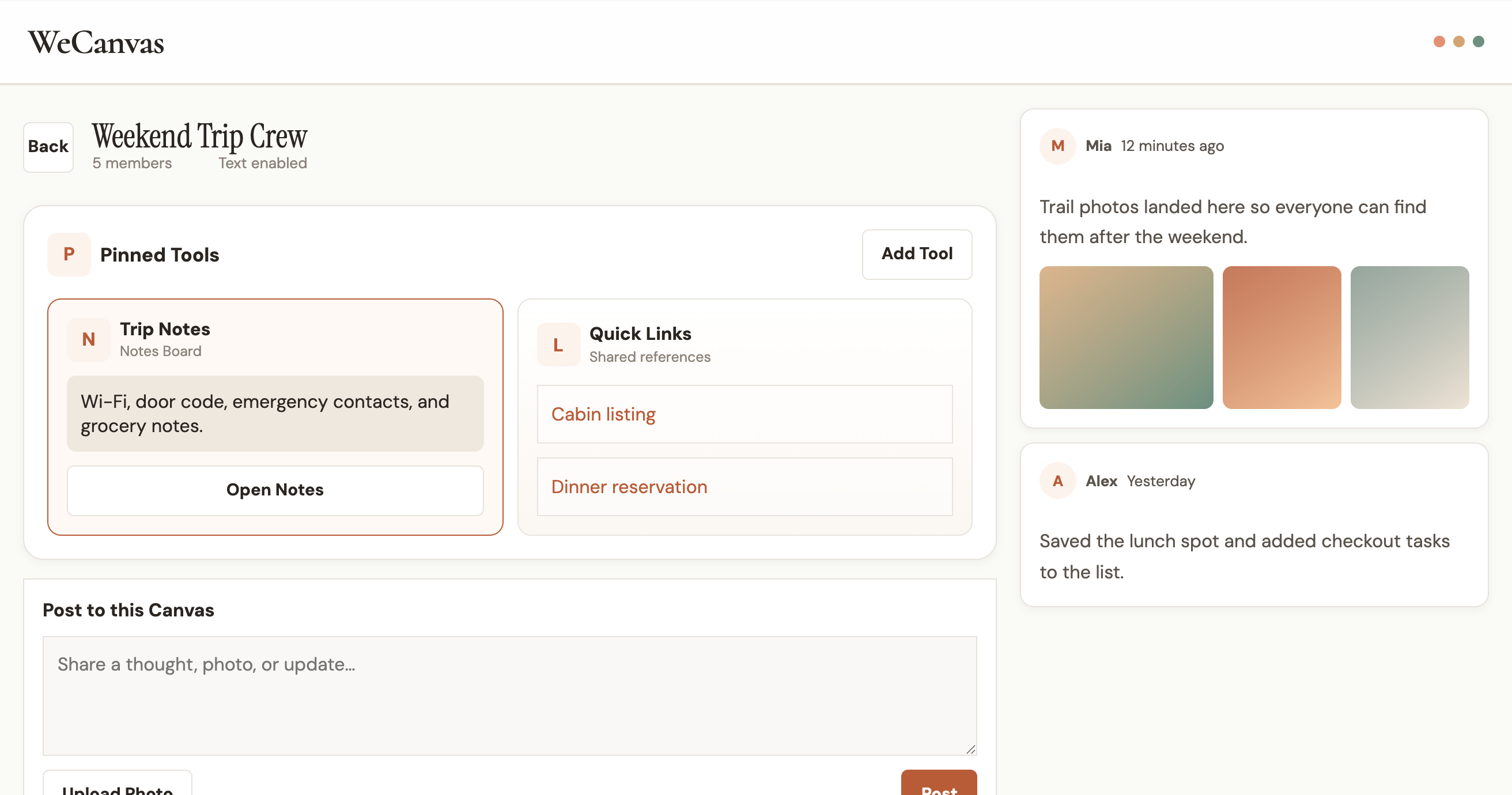 A WeCanvas shared canvas with pinned tools, member activity, posts, and a composer.